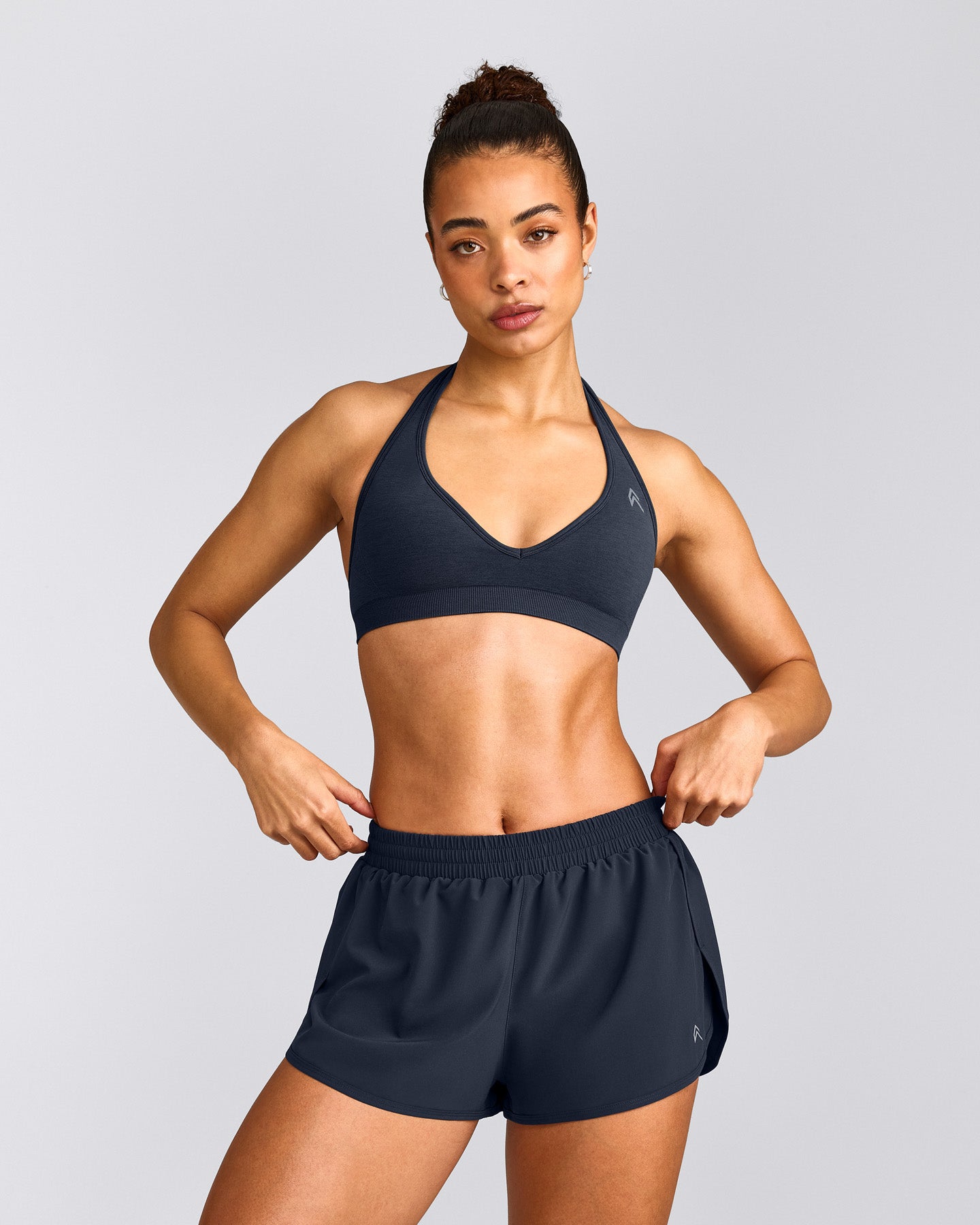 EffortlessLift™ Seamless Halter Neck Sports Bra with Grey Logo | True Blue