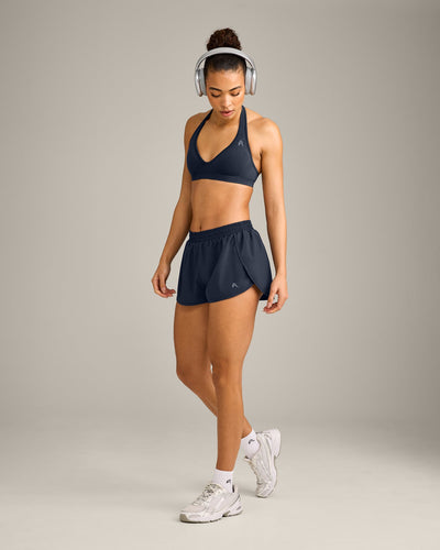 EffortlessLift™ Seamless Halter Neck Sports Bra with Grey Logo | True Blue