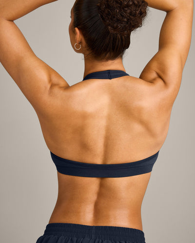 EffortlessLift™ Seamless Halter Neck Sports Bra with Grey Logo | True Blue