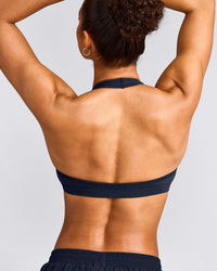 EffortlessLift™ Seamless Halter Neck Sports Bra with Grey Logo | True Blue