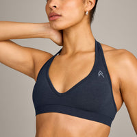 EffortlessLift™ Seamless Halter Neck Sports Bra with Grey Logo | True Blue