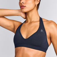 EffortlessLift™ Seamless Halter Neck Sports Bra with Grey Logo | True Blue