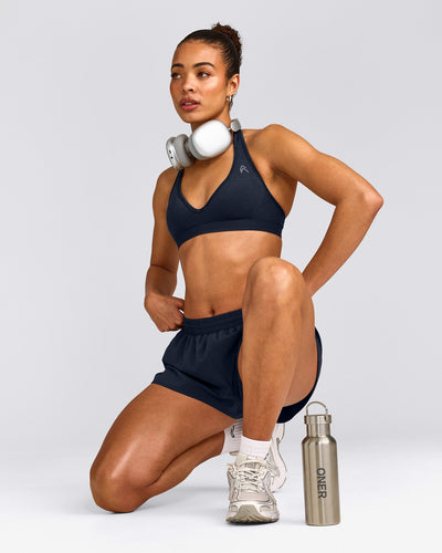 EffortlessLift™ Seamless Halter Neck Sports Bra with Grey Logo | True Blue