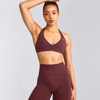 EffortlessLift™ Seamless Halter Neck Sports Bra with Grey Logo | Velvet Mocha