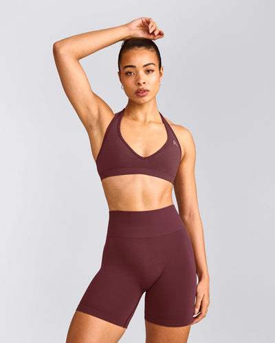 EffortlessLift™ Seamless Halter Neck Sports Bra with Grey Logo | Velvet Mocha