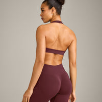 EffortlessLift™ Seamless Halter Neck Sports Bra with Grey Logo | Velvet Mocha