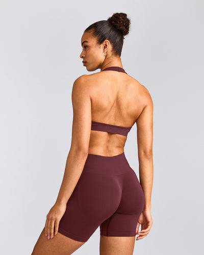 EffortlessLift™ Seamless Halter Neck Sports Bra with Grey Logo | Velvet Mocha