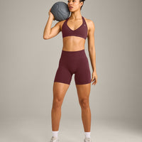 EffortlessLift™ Seamless Halter Neck Sports Bra with Grey Logo | Velvet Mocha