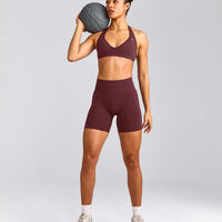 EffortlessLift™ Seamless Halter Neck Sports Bra with Grey Logo | Velvet Mocha