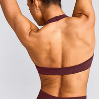 EffortlessLift™ Seamless Halter Neck Sports Bra with Grey Logo | Velvet Mocha