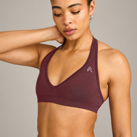 EffortlessLift™ Seamless Halter Neck Sports Bra with Grey Logo | Velvet Mocha