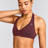 EffortlessLift™ Seamless Halter Neck Sports Bra with Grey Logo | Velvet Mocha