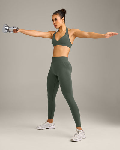 EffortlessLift™ Seamless Mid Rise Leggings with Grey Logo | Dark Khaki