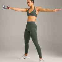 EffortlessLift™ Seamless Mid Rise Leggings with Grey Logo | Dark Khaki