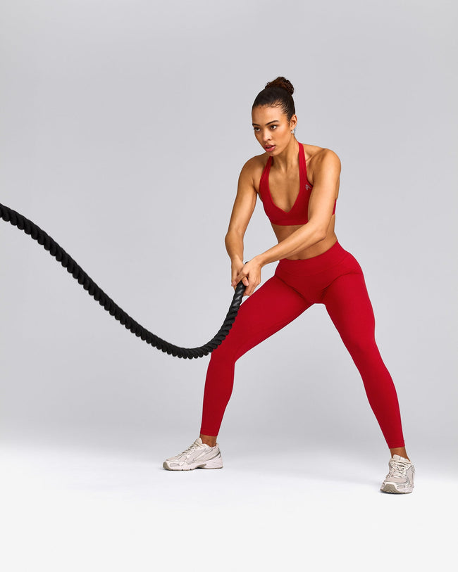 EffortlessLift™ Seamless Mid Rise Leggings with Grey Logo | Fiery Red