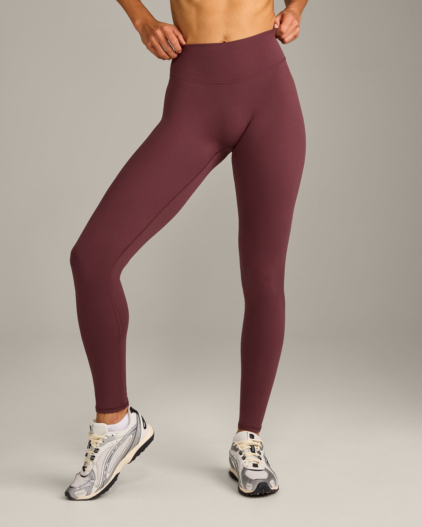 SoftMotion™ High Waisted Leggings with Grey Logo | Velvet Mocha