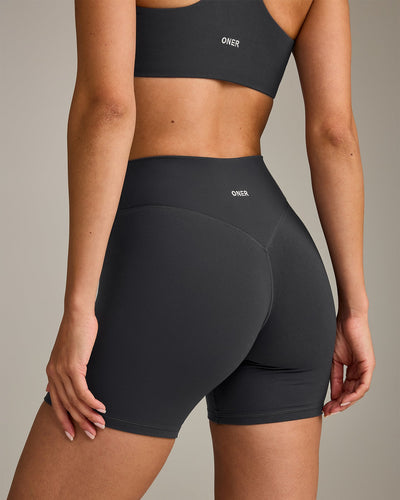 SoftMotion™ High Waisted Shorts 6" with Grey Logo | Coal