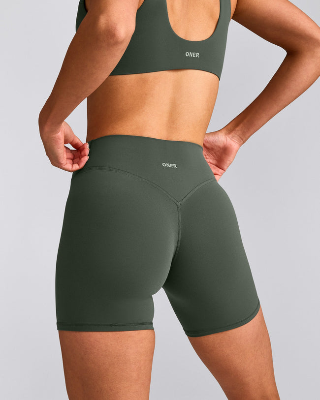 SoftMotion™ High Waisted Shorts 6" with Grey Logo | Dark Khaki