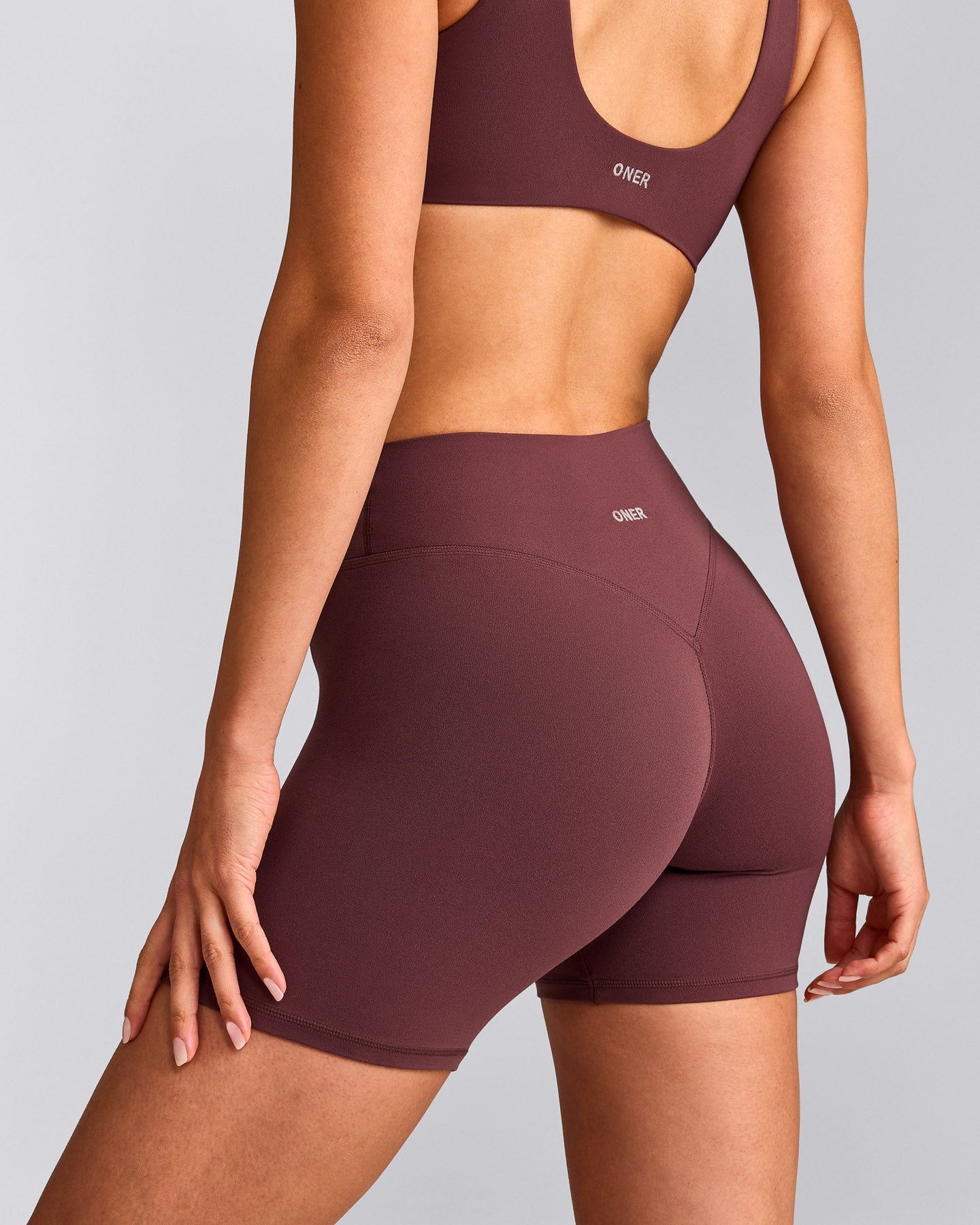 SoftMotion™ High Waisted Shorts 6" with Grey Logo | Velvet Mocha