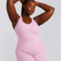 SoftMotion™ Racer Back Mid Vest with Built in Bra Shelf with Grey Logo | Chalk Pink