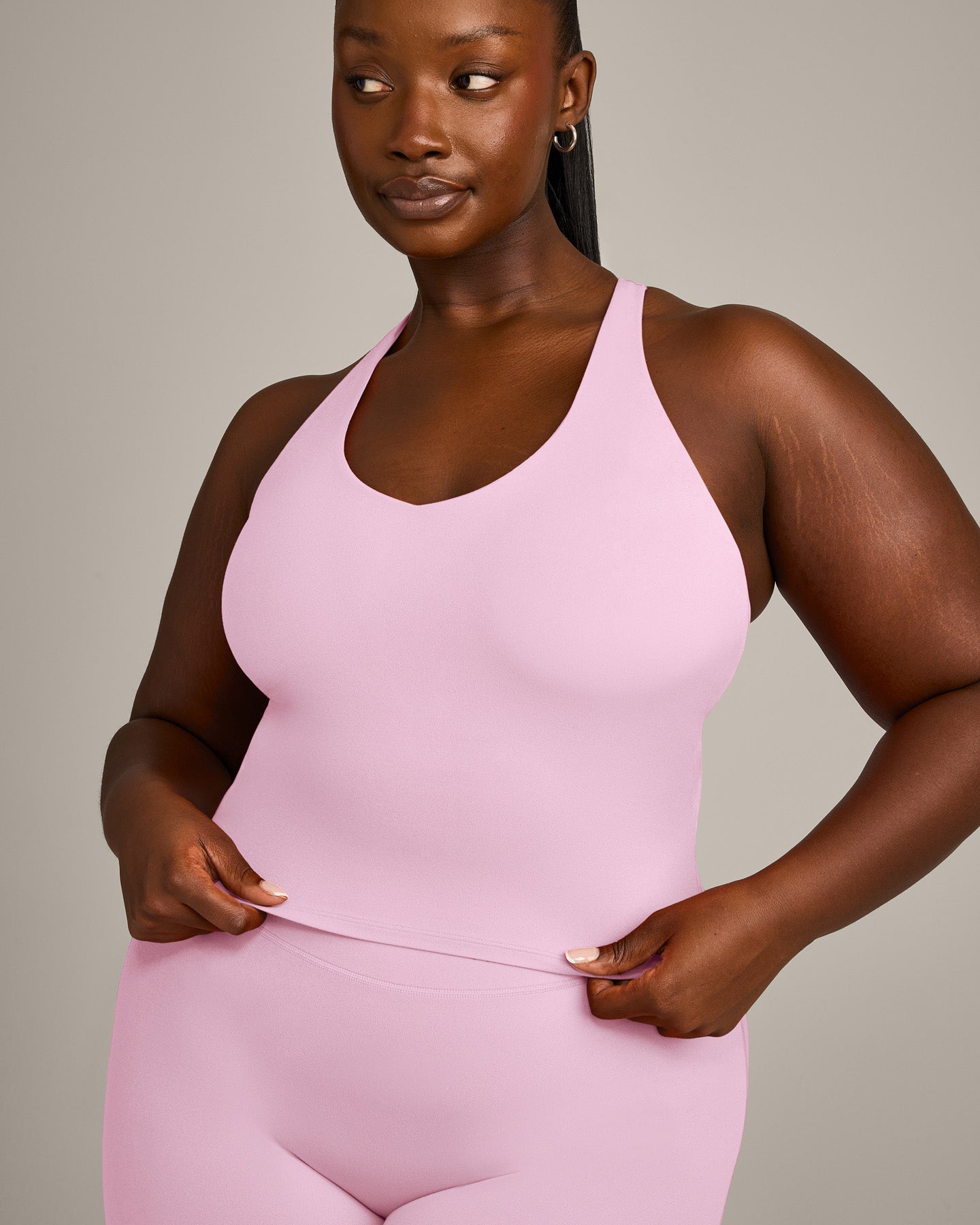 SoftMotion™ Racer Back Mid Vest with Built in Bra Shelf with Grey Logo | Chalk Pink
