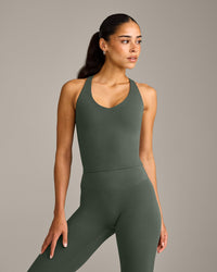 SoftMotion™ Racer Back Mid Vest with Built in Bra Shelf with Grey Logo | Dark Khaki