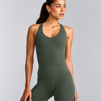 SoftMotion™ Racer Back Mid Vest with Built in Bra Shelf with Grey Logo | Dark Khaki