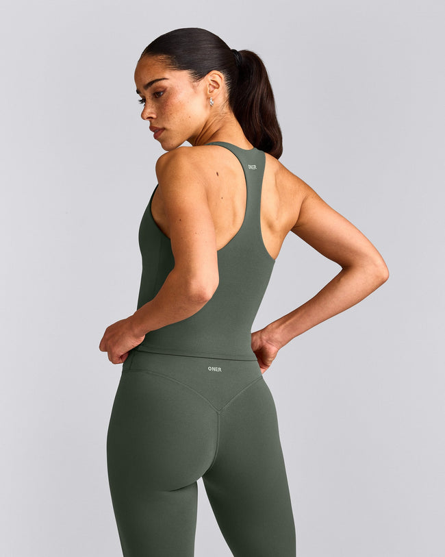 SoftMotion™ Racer Back Mid Vest with Built in Bra Shelf with Grey Logo | Dark Khaki
