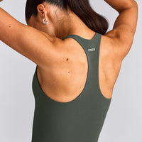 SoftMotion™ Racer Back Mid Vest with Built in Bra Shelf with Grey Logo | Dark Khaki