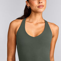 SoftMotion™ Racer Back Mid Vest with Built in Bra Shelf with Grey Logo | Dark Khaki