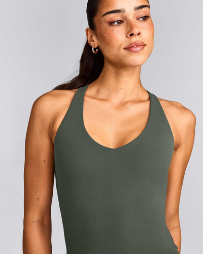 SoftMotion™ Racer Back Mid Vest with Built in Bra Shelf with Grey Logo | Dark Khaki