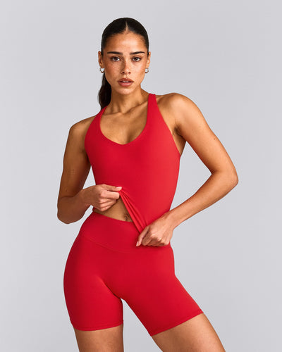 SoftMotion™ Racer Back Mid Vest with Built in Bra Shelf with Grey Logo | Fiery Red