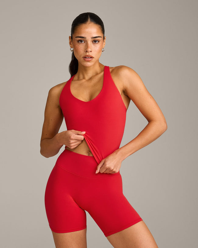 SoftMotion™ Racer Back Mid Vest with Built in Bra Shelf with Grey Logo | Fiery Red