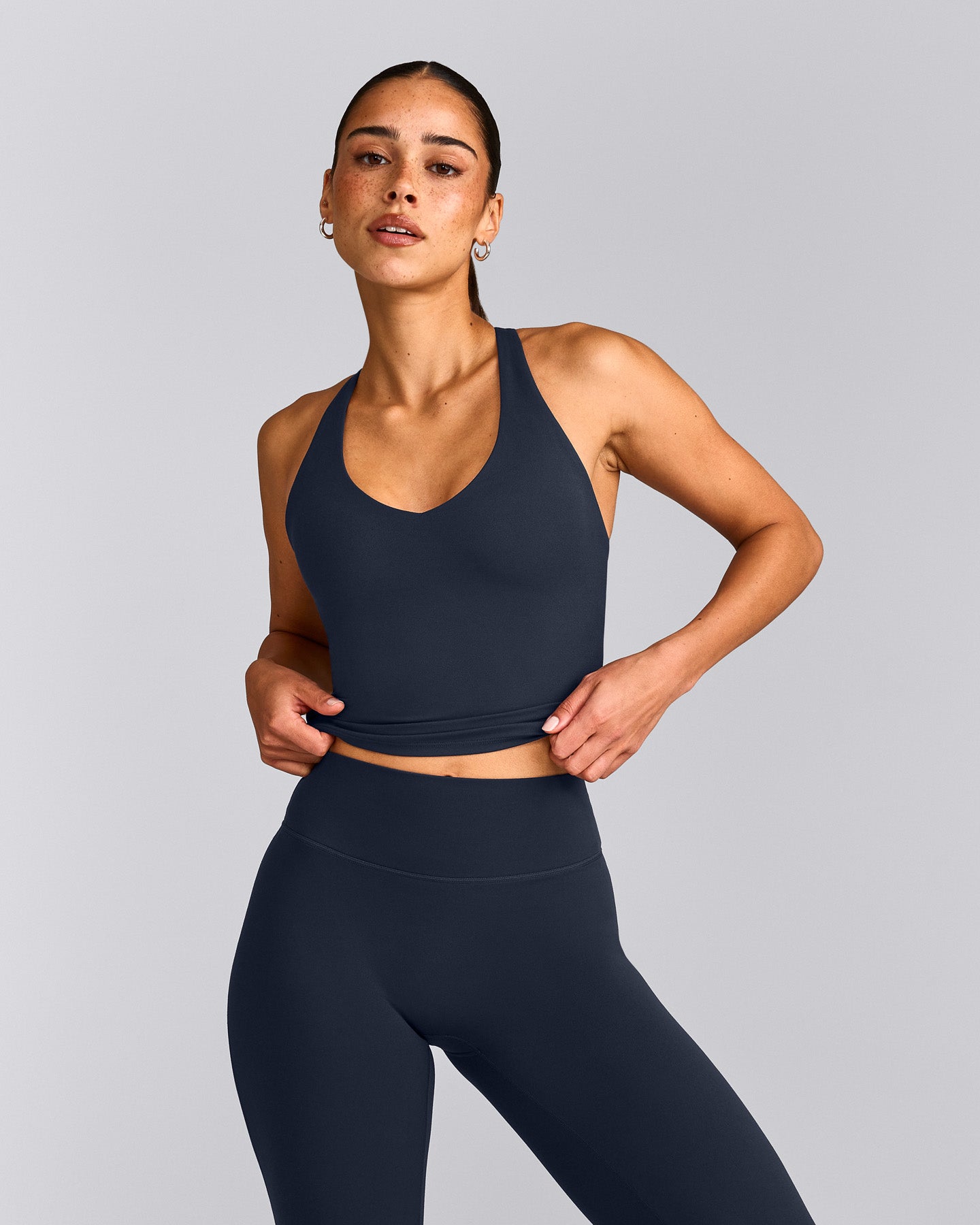 SoftMotion™ Racer Back Mid Tank Top with Built in Bra Shelf with Grey Logo | True Blue
