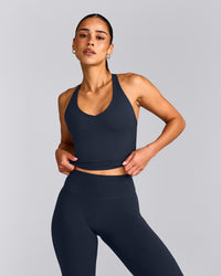 SoftMotion™ Racer Back Mid Tank Top with Built in Bra Shelf with Grey Logo | True Blue