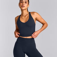SoftMotion™ Racer Back Mid Tank Top with Built in Bra Shelf with Grey Logo | True Blue