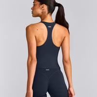 SoftMotion™ Racer Back Mid Tank Top with Built in Bra Shelf with Grey Logo | True Blue