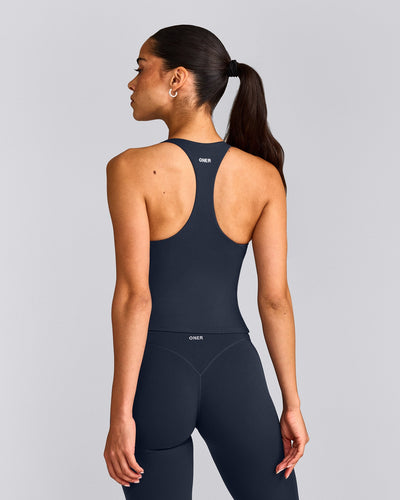 SoftMotion™ Racer Back Mid Tank Top with Built in Bra Shelf with Grey Logo | True Blue