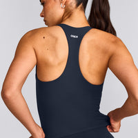 SoftMotion™ Racer Back Mid Tank Top with Built in Bra Shelf with Grey Logo | True Blue