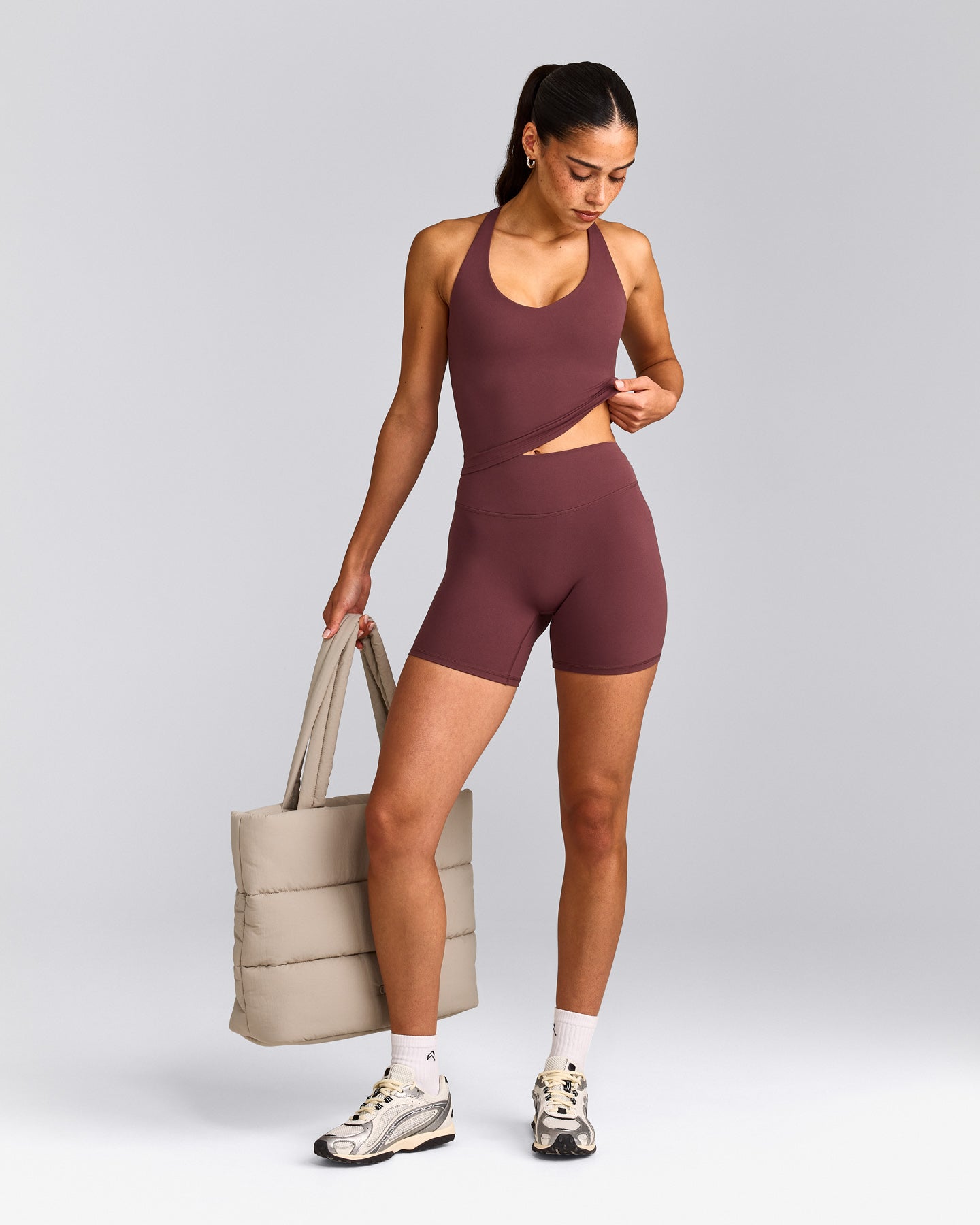 SoftMotion™ Racer Back Mid Vest with Built in Bra Shelf with Grey Logo | Velvet Mocha