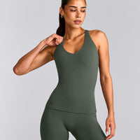 SoftMotion™ Racer Back Tank Top with Built in Bra Shelf with Grey Logo | Dark Khaki