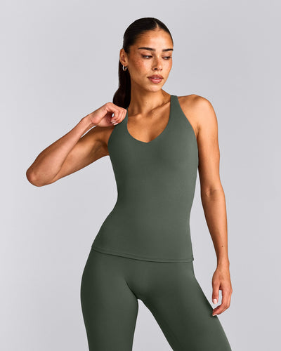 SoftMotion™ Racer Back Tank Top with Built in Bra Shelf with Grey Logo | Dark Khaki