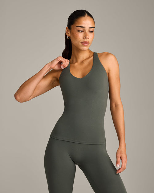 Oner Modal SoftMotion™ Racer Back Vest with Built in Bra Shelf with Grey Logo | Dark Khaki
