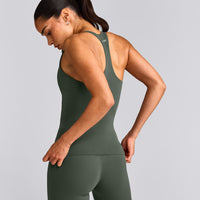 SoftMotion™ Racer Back Tank Top with Built in Bra Shelf with Grey Logo | Dark Khaki