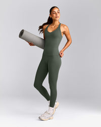 SoftMotion™ Racer Back Tank Top with Built in Bra Shelf with Grey Logo | Dark Khaki