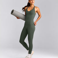 SoftMotion™ Racer Back Tank Top with Built in Bra Shelf with Grey Logo | Dark Khaki