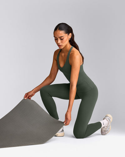 SoftMotion™ Racer Back Tank Top with Built in Bra Shelf with Grey Logo | Dark Khaki