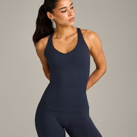 SoftMotion™ Racer Back Vest with Built in Bra Shelf with Grey Logo | True Blue