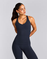 SoftMotion™ Racer Back Tank Top with Built in Bra Shelf with Grey Logo | True Blue