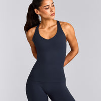 SoftMotion™ Racer Back Tank Top with Built in Bra Shelf with Grey Logo | True Blue
